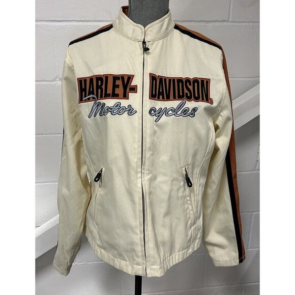 Vintage Women’s Harley Davidson Jacket Large Off White With Stripes Y2K Biker - Picture 1 of 16